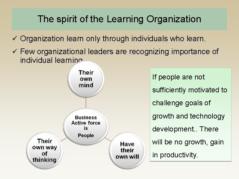 The spirit of the Learning Organization learn only through individuals who learn. Few organizational