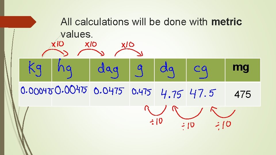 All calculations will be done with metric values. mg 475 