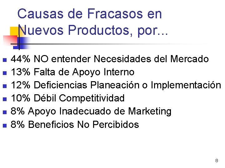 Causas de Fracasos en Nuevos Productos, por. . . n n n 44% NO