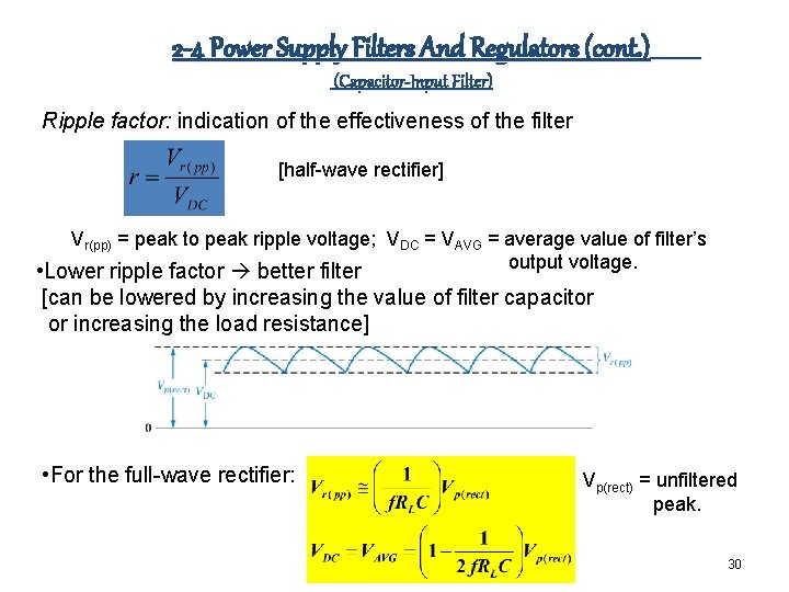 2 -4 Power Supply Filters And Regulators (cont. ) (Capacitor-Input Filter) Ripple factor: indication