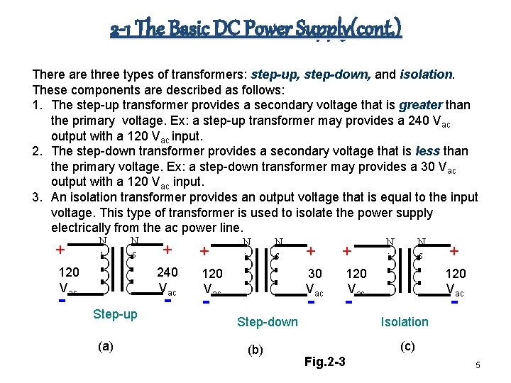 2 -1 The Basic DC Power Supply(cont. ) There are three types of transformers: