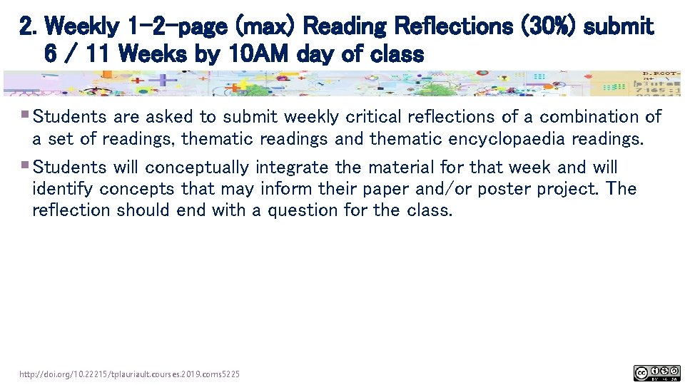 2. Weekly 1 -2 -page (max) Reading Reflections (30%) submit 6 / 11 Weeks