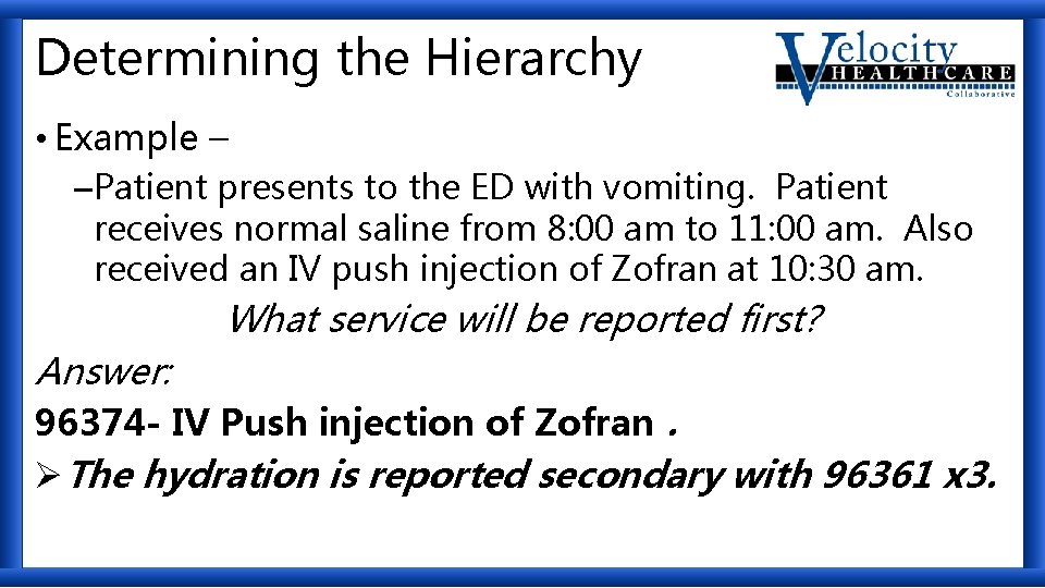 Determining the Hierarchy • Example – –Patient presents to the ED with vomiting. Patient