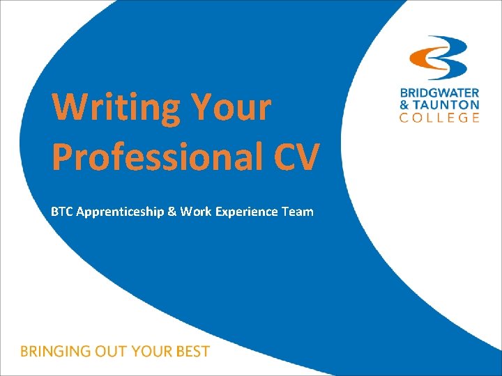 Writing Your Professional CV BTC Apprenticeship & Work Experience Team 