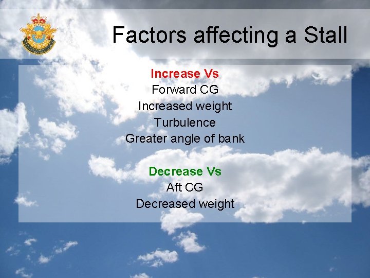 Factors affecting a Stall Increase Vs Forward CG Increased weight Turbulence Greater angle of