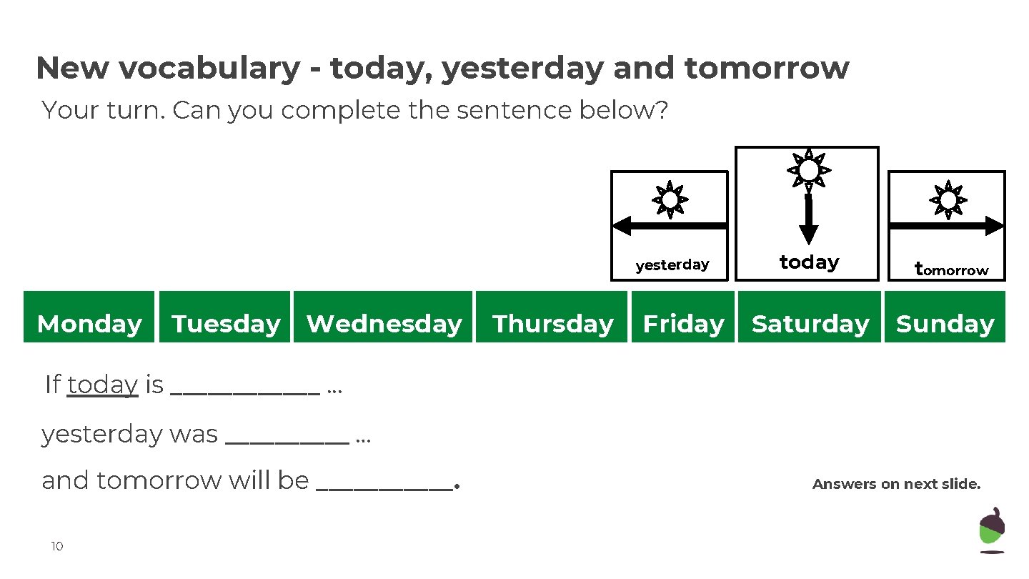 New vocabulary - today, yesterday and tomorrow Your turn. Can you complete the sentence