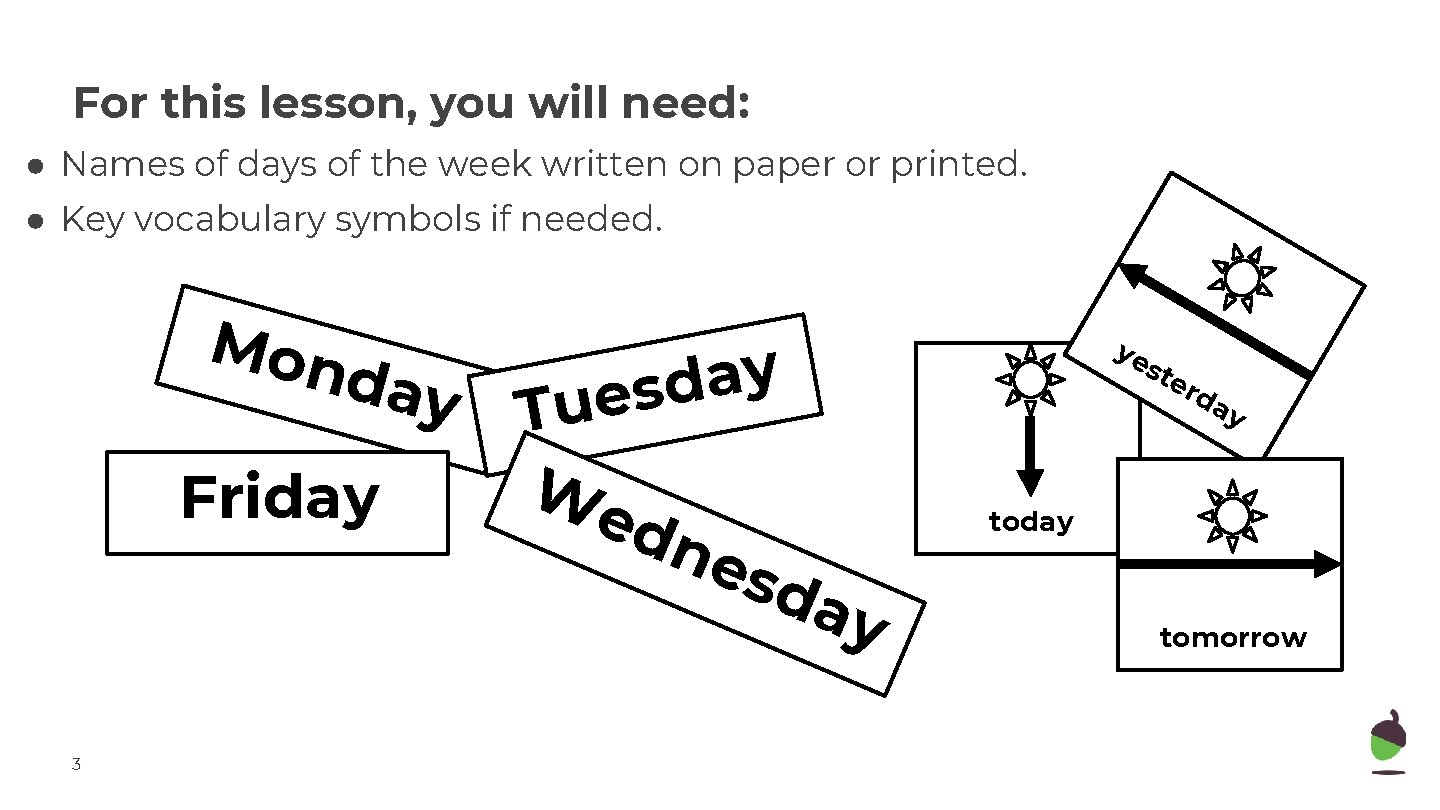 For this lesson, you will need: ● Names of days of the week written