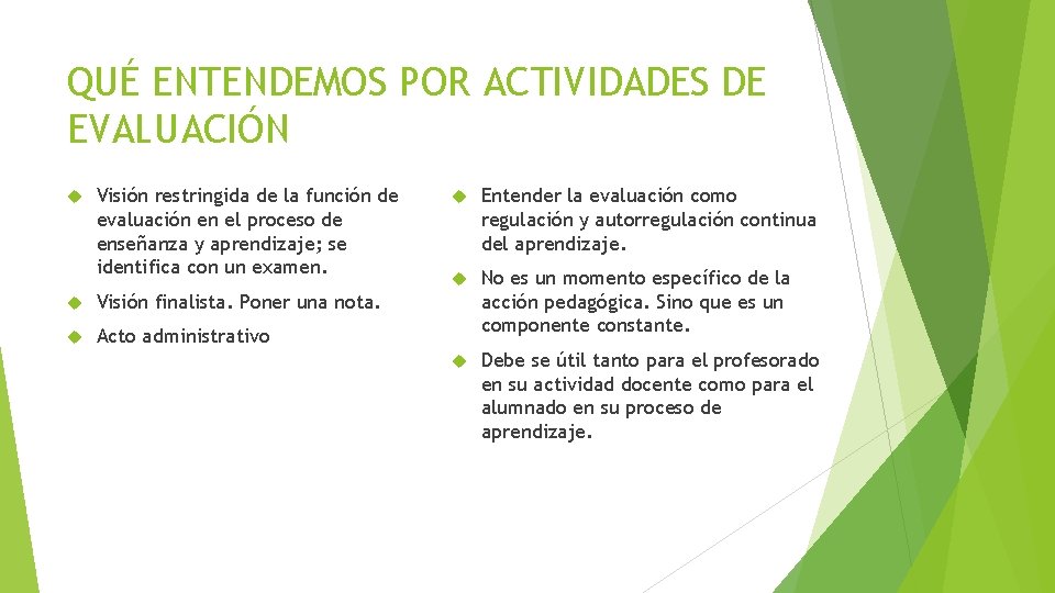 QUÉ ENTENDEMOS POR ACTIVIDADES DE EVALUACIÓN Visión restringida de la función de evaluación en