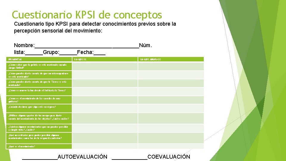 Cuestionario KPSI de conceptos Cuestionario tipo KPSI para detectar conocimientos previos sobre la percepción