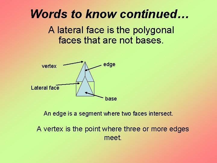 Words to know continued… A lateral face is the polygonal faces that are not