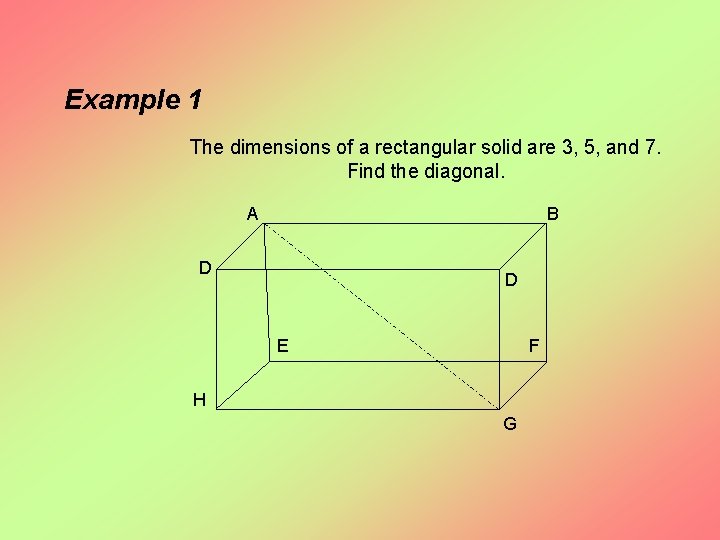 Example 1 The dimensions of a rectangular solid are 3, 5, and 7. Find