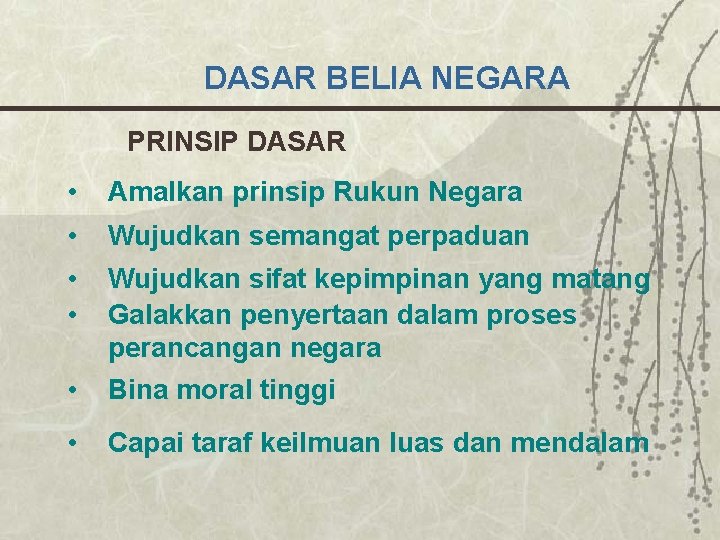 DASAR BELIA NEGARA PRINSIP DASAR • Amalkan prinsip Rukun Negara • Wujudkan semangat perpaduan