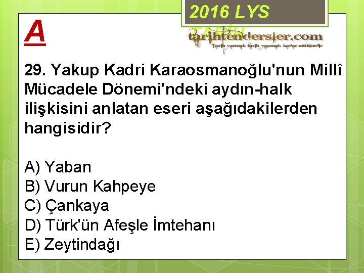 A 2016 LYS TARİH 29. Yakup Kadri Karaosmanoğlu'nun Millî Mücadele Dönemi'ndeki aydın-halk ilişkisini anlatan