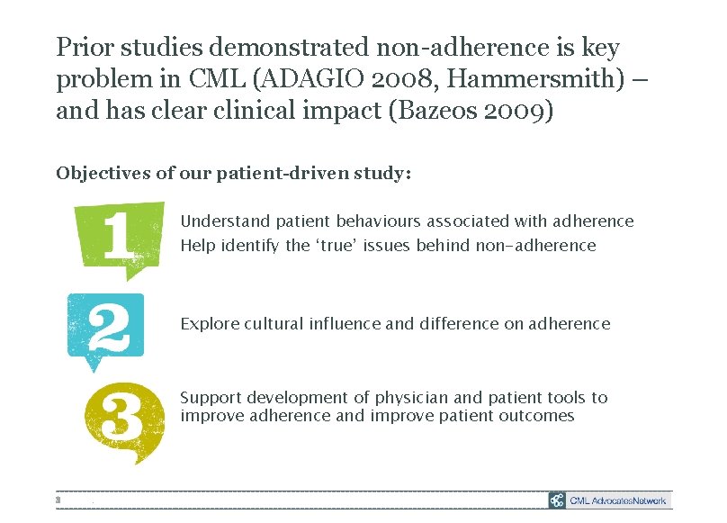 Prior studies demonstrated non-adherence is key problem in CML (ADAGIO 2008, Hammersmith) – and