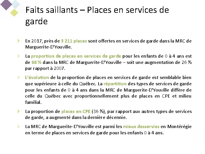 Faits saillants – Places en services de garde En 2017, près de 3 211