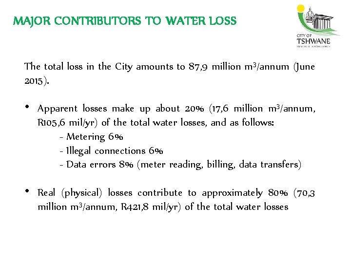 MAJOR CONTRIBUTORS TO WATER LOSS The total loss in the City amounts to 87,