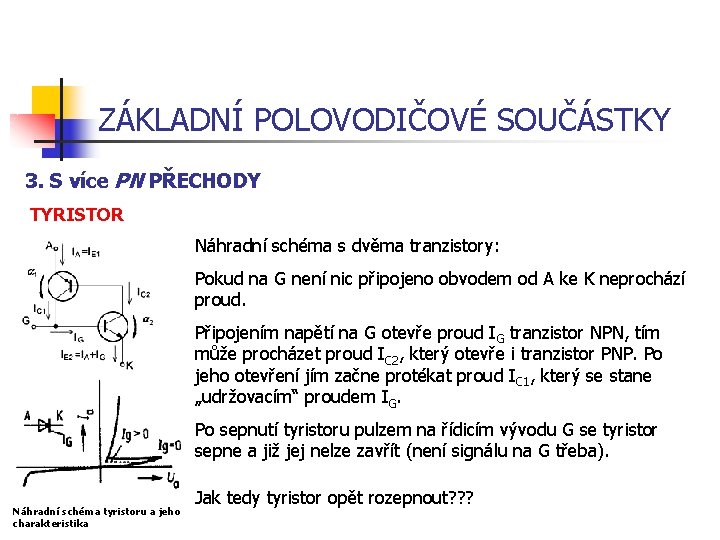 ZÁKLADNÍ POLOVODIČOVÉ SOUČÁSTKY 3. S více PN PŘECHODY TYRISTOR Náhradní schéma s dvěma tranzistory: