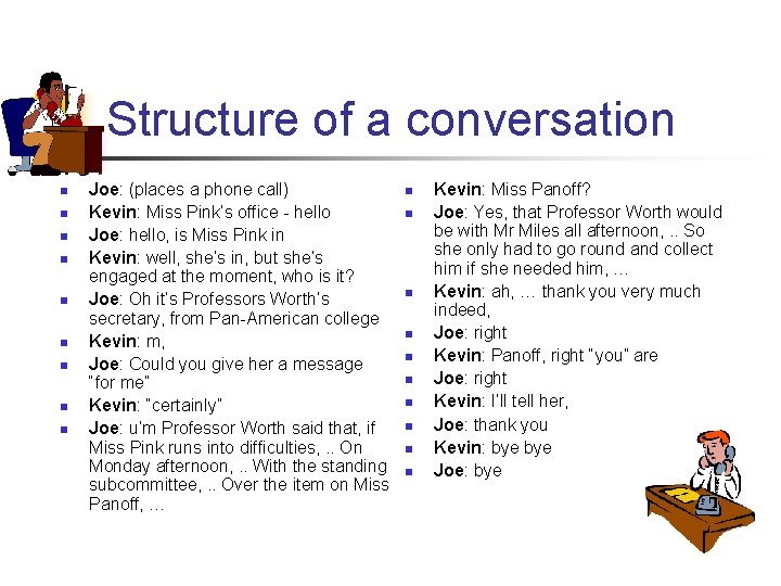 Structure of a conversation n n n n Joe: (places a phone call) Kevin: