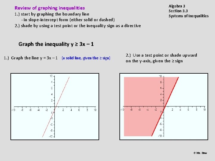 Review of graphing inequalities 1. ) start by graphing the boundary line - in