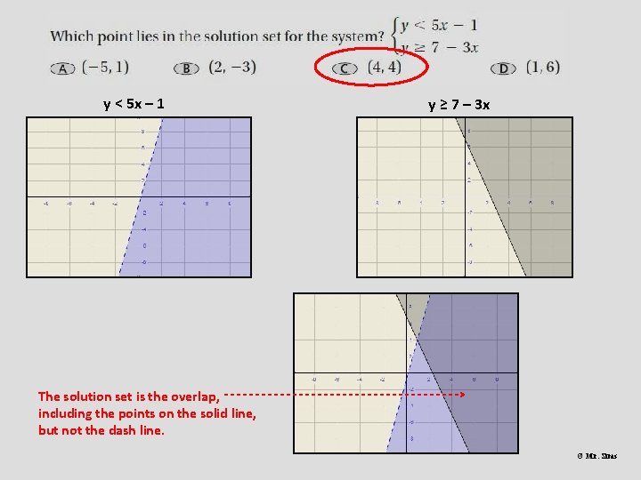 y < 5 x – 1 y ≥ 7 – 3 x The solution