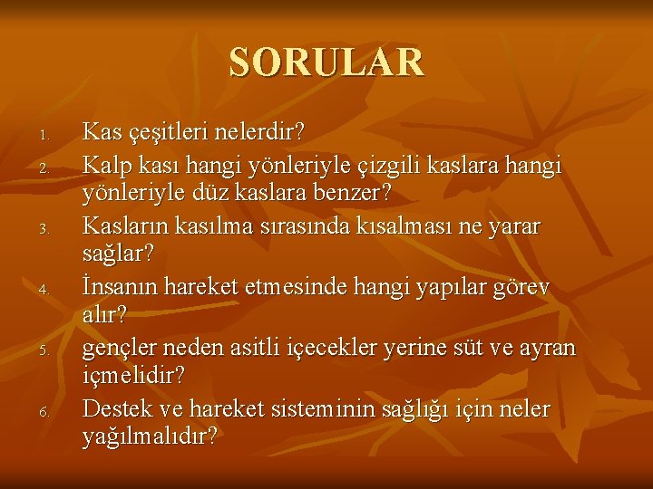 SORULAR 1. 2. 3. 4. 5. 6. Kas çeşitleri nelerdir? Kalp kası hangi yönleriyle