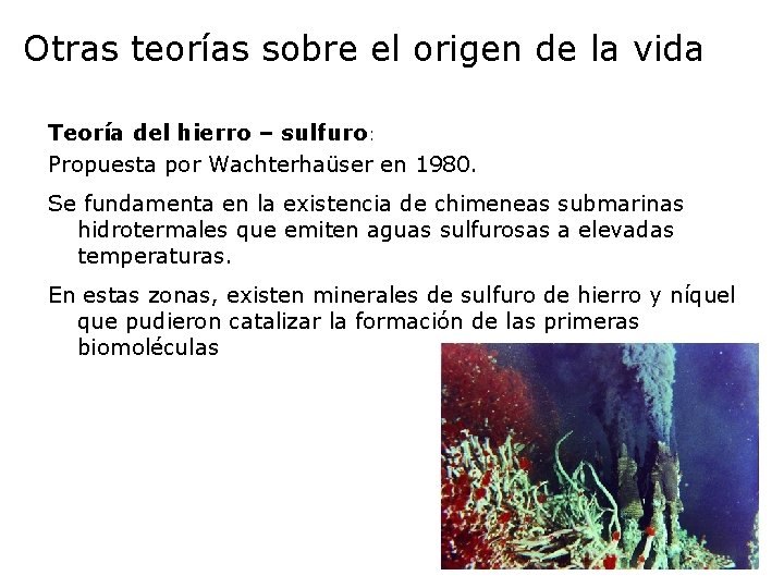 Otras teorías sobre el origen de la vida Teoría del hierro – sulfuro: Propuesta