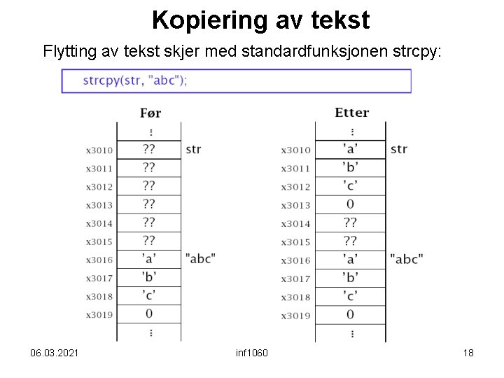 Kopiering av tekst Flytting av tekst skjer med standardfunksjonen strcpy: 06. 03. 2021 inf