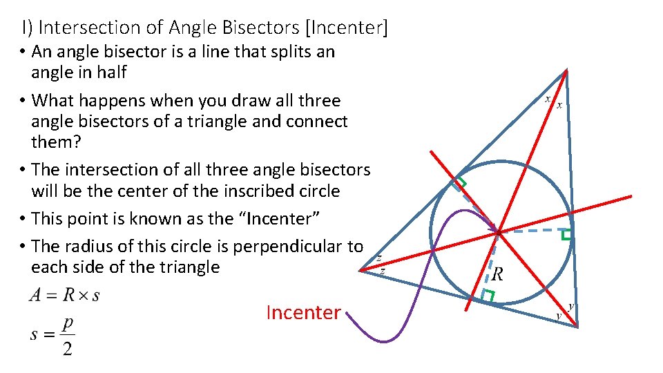 I) Intersection of Angle Bisectors [Incenter] • An angle bisector is a line that