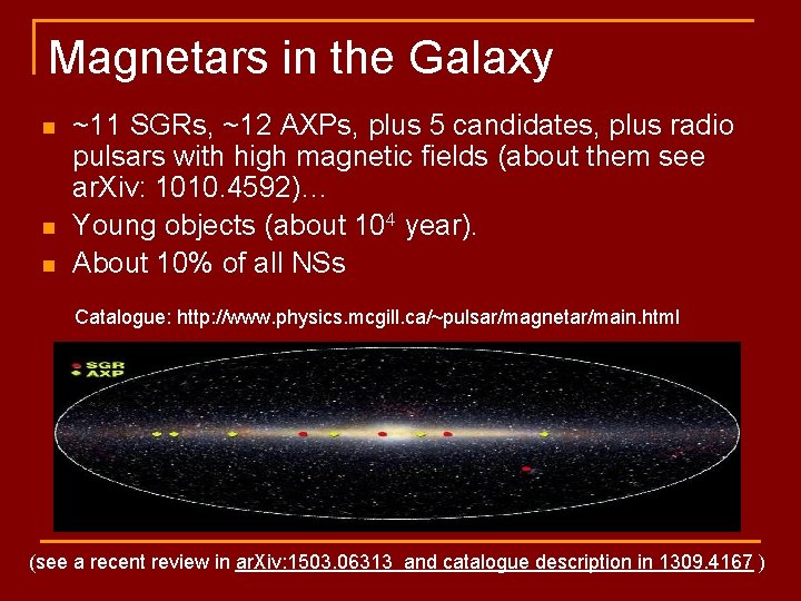 Magnetars in the Galaxy n n n ~11 SGRs, ~12 AXPs, plus 5 candidates,