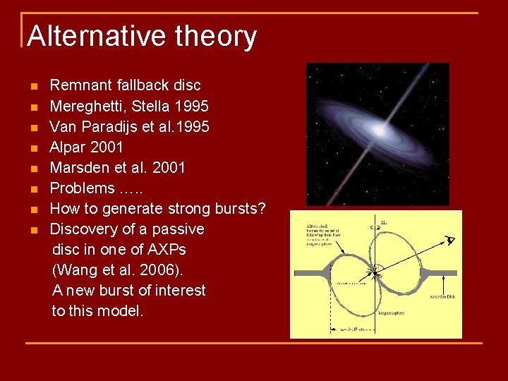 Alternative theory Remnant fallback disc n Mereghetti, Stella 1995 n Van Paradijs et al.
