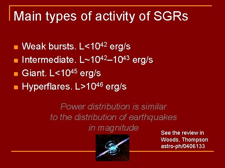 Main types of activity of SGRs n n Weak bursts. L<1042 erg/s Intermediate. L~1042–