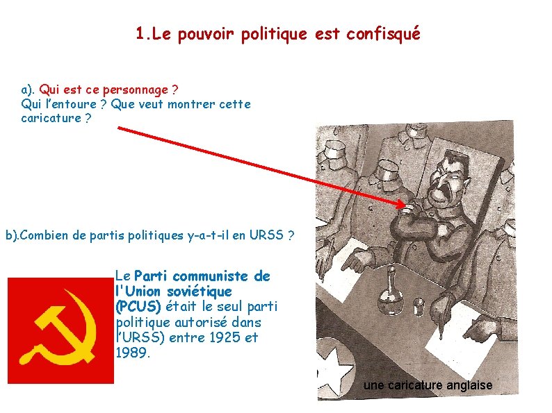 1. Le pouvoir politique est confisqué a). Qui est ce personnage ? Qui l’entoure