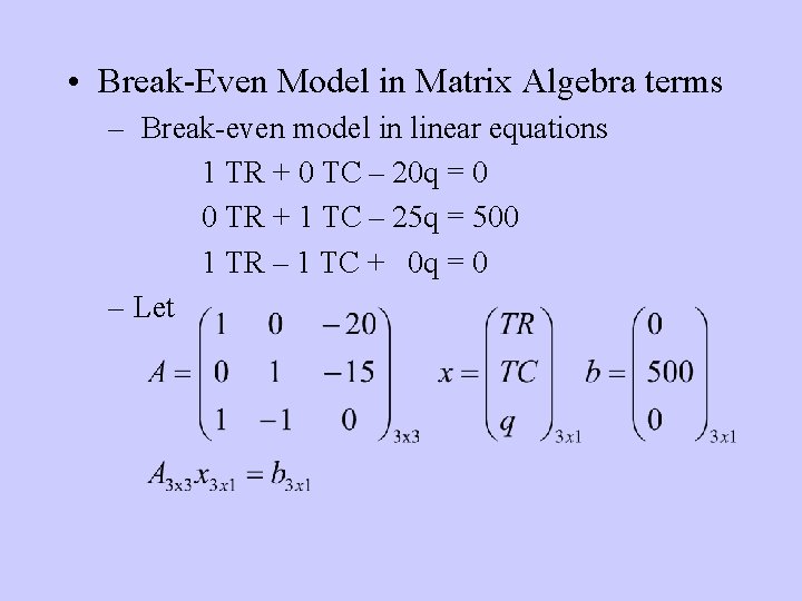  • Break-Even Model in Matrix Algebra terms – Break-even model in linear equations