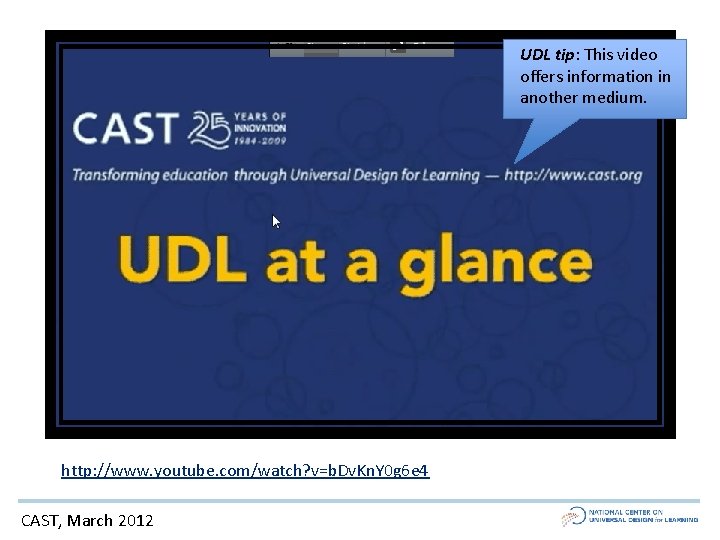 UDL tip: This video offers information in another medium. http: //www. youtube. com/watch? v=b.