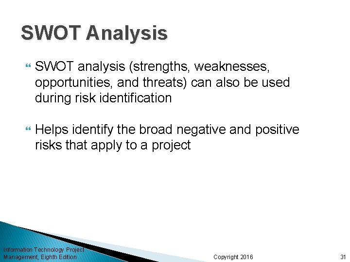 SWOT Analysis SWOT analysis (strengths, weaknesses, opportunities, and threats) can also be used during