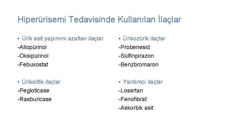 Hiperürisemi Tedavisinde Kullanılan İlaçlar • Ürik asit yapımını azaltan ilaçlar -Allopürinol -Oksipürinol -Febuxostat •