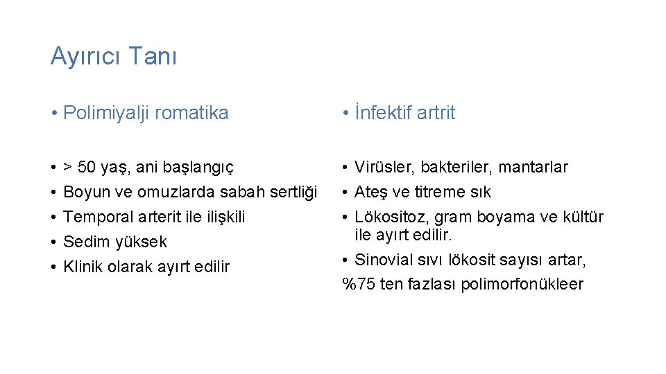 Ayırıcı Tanı • Polimiyalji romatika • İnfektif artrit • • • Virüsler, bakteriler, mantarlar