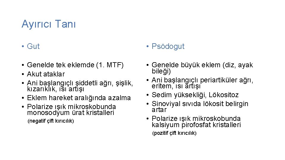 Ayırıcı Tanı • Gut • Psödogut • Genelde tek eklemde (1. MTF) • Akut