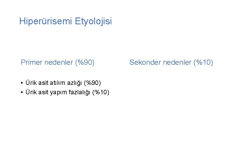 Hiperürisemi Etyolojisi Primer nedenler (%90) • Ürik asit atılım azlığı (%90) • Ürik asit