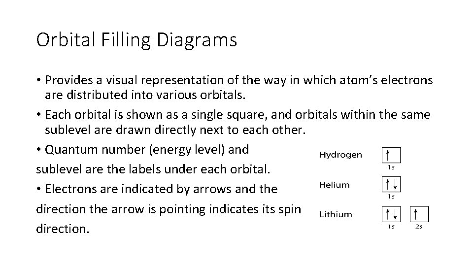 Orbital Filling Diagrams • Provides a visual representation of the way in which atom’s