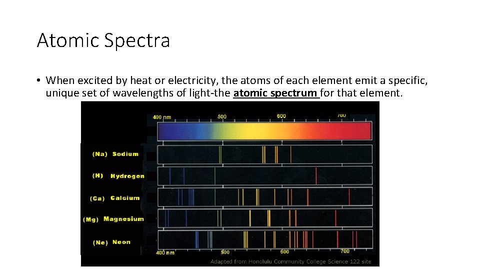 Atomic Spectra • When excited by heat or electricity, the atoms of each element