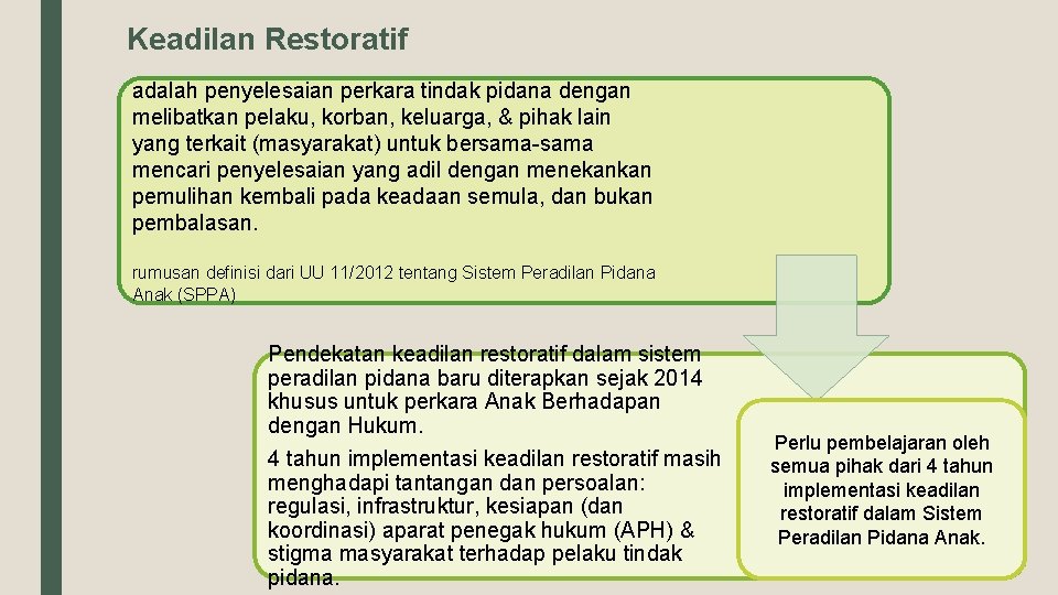 Keadilan Restoratif adalah penyelesaian perkara tindak pidana dengan melibatkan pelaku, korban, keluarga, & pihak