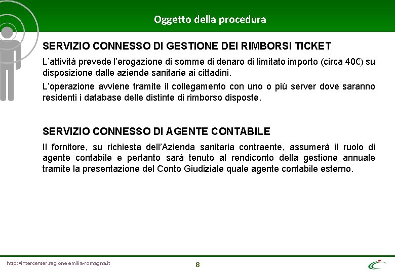 Oggetto della procedura SERVIZIO CONNESSO DI GESTIONE DEI RIMBORSI TICKET L’attività prevede l’erogazione di Oggetto della procedura SERVIZIO CONNESSO DI GESTIONE DEI RIMBORSI TICKET L’attività prevede l’erogazione di