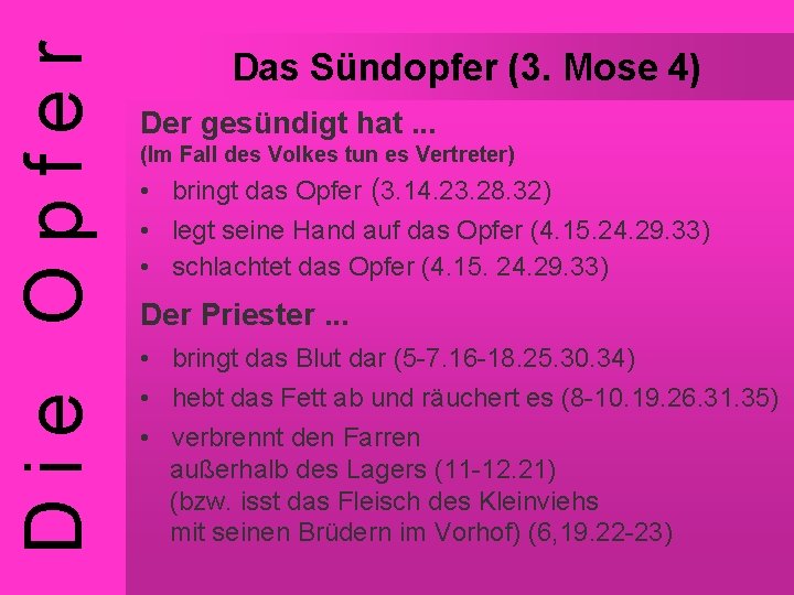 Die Opfer Das Sündopfer (3. Mose 4) Der gesündigt hat. . . (Im Fall