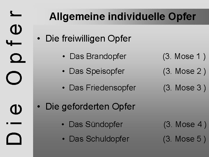 Die Opfer Allgemeine individuelle Opfer • Die freiwilligen Opfer • Das Brandopfer (3. Mose