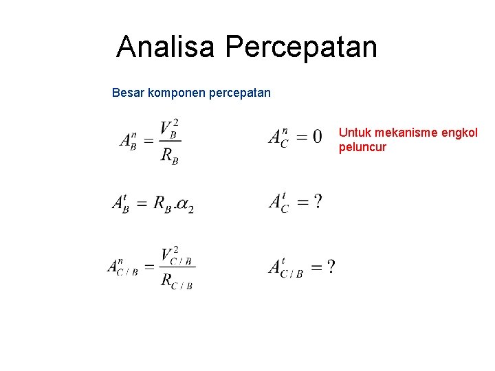 Analisa Percepatan Besar komponen percepatan Untuk mekanisme engkol peluncur 