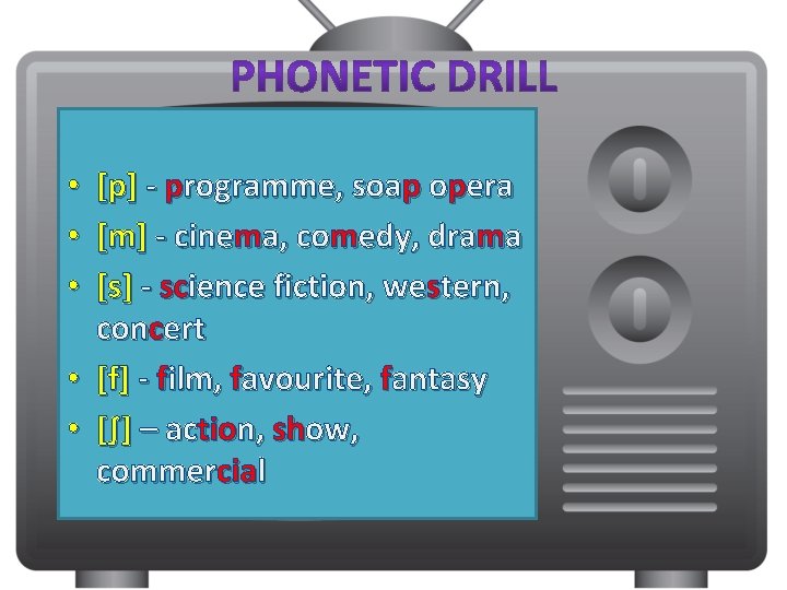 [p] - programme, soap opera [m] - cinema, comedy, drama [s] - science fiction,