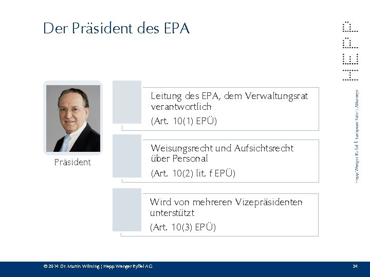 Der Präsident des EPA Leitung des EPA, dem Verwaltungsrat verantwortlich (Art. 10(1) EPÜ) Präsident