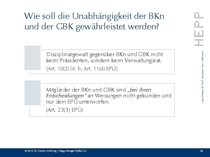 Wie soll die Unabhängigkeit der BKn und der GBK gewährleistet werden? Disziplinargewalt gegenüber BKn