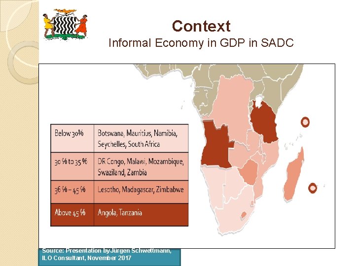 Context Informal Economy in GDP in SADC Source: Presentation by. Jürgen Schwettmann, ILO Consultant,